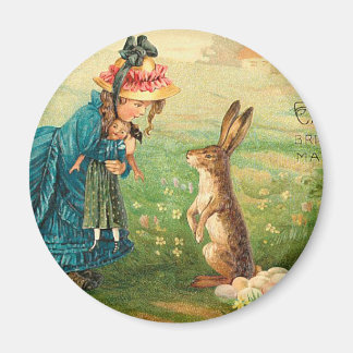Girl With Doll and Rabbit Vintage Easter Magnet