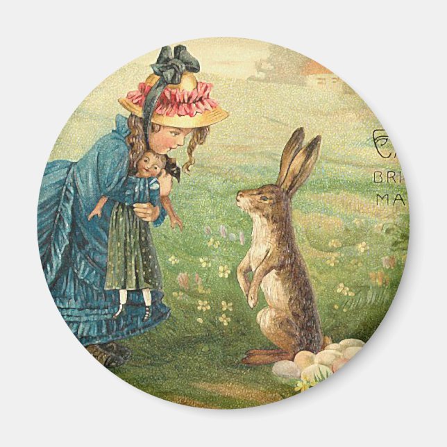 Girl With Doll and Rabbit Vintage Easter Magnet (Front)