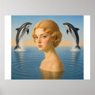 GIRL with DOLPHINS IN THE OCEAN Poster