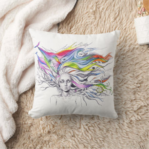 Girl with dreams in her hair Surreal fantasy art Cushion