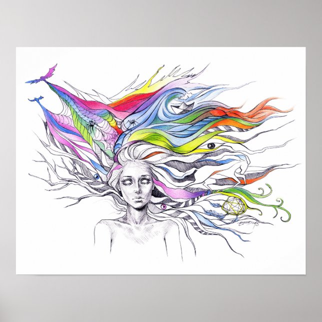 Girl with dreams in her hair Surreal fantasy art Poster (Front)