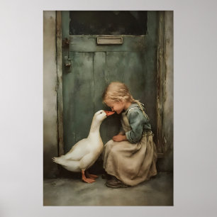 Girl With Duck Love Printable, Rustic Cottagecore Poster