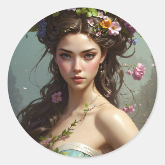 Girl with flowers in her hair classic round sticker