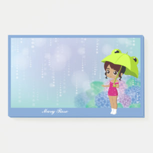 Girl With Frog Umbrella & Hydrangea Flowers Blue Post-it Notes