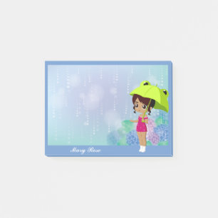 Girl With Frog Umbrella & Hydrangea Flowers Blue Post-it Notes