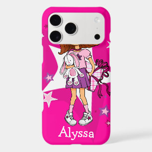 Girl with gift and cute white rabbit hot pink case