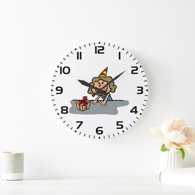 Girl with Gift and Party Hat Birthday Celebration Large Clock (Creator Uploaded)