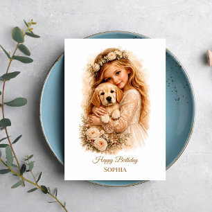 Girl With Golden Retriever Puppy Card