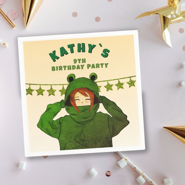 Girl with Green Frog Hoodie Drawing Birthday Napkin (Creator Uploaded)