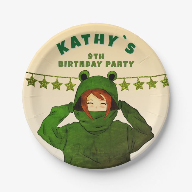Girl with Green Frog Hoodie Drawing Birthday Paper Plate (Front)