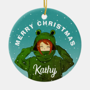 Girl with Green Frog Hoodie Drawing Christmas Ceramic Tree Decoration