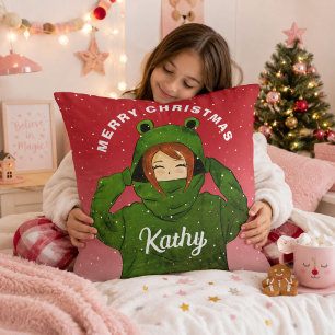 Girl with Green Frog Hoodie Drawing Christmas Cushion