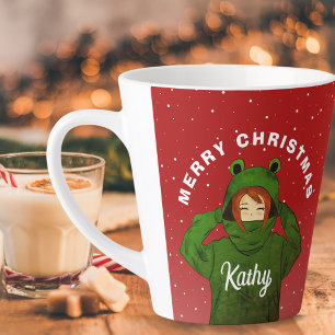 Girl with Green Frog Hoodie Drawing Christmas  Latte Mug