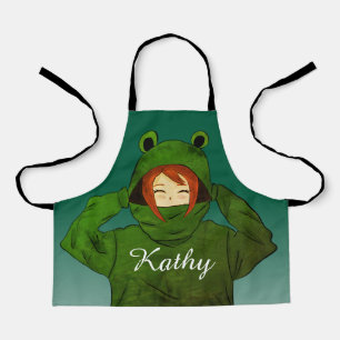 Girl with Green Frog Hoodie Drawing Custom Name Apron