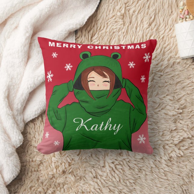 Girl with Green Frog Hoodie Snowflakes Christmas Cushion (Blanket)