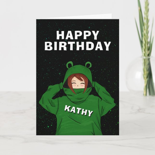 Girl with Green Frog Hoody Drawing Birthday Card (Front)