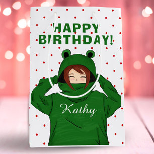Girl with Green Frog Hoody Drawing Birthday Medium Gift Bag