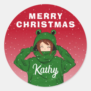 Girl with Green Frog Hoody Drawing Christmas  Classic Round Sticker