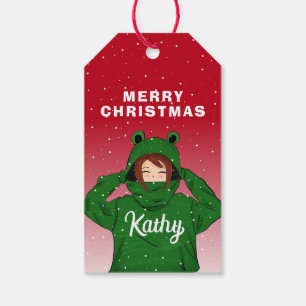 Girl with Green Frog Hoody Drawing Christmas Gift Tags