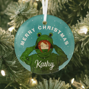 Girl with Green Frog Hoody Drawing Christmas Glass Tree Decoration