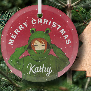 Girl with Green Frog Hoody Drawing Christmas Glass Tree Decoration