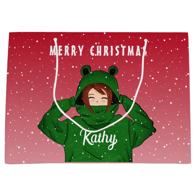 Girl with Green Frog Hoody Drawing Christmas  Large Gift Bag (Front)