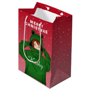 Girl with Green Frog Hoody Drawing Christmas Medium Gift Bag