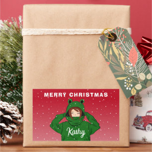 Girl with Green Frog Hoody Drawing Christmas Rectangular Sticker