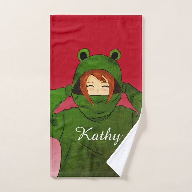 Girl with Green Frog Hoody Drawing Custom Name  Bath Towel Set (Hand Towel)