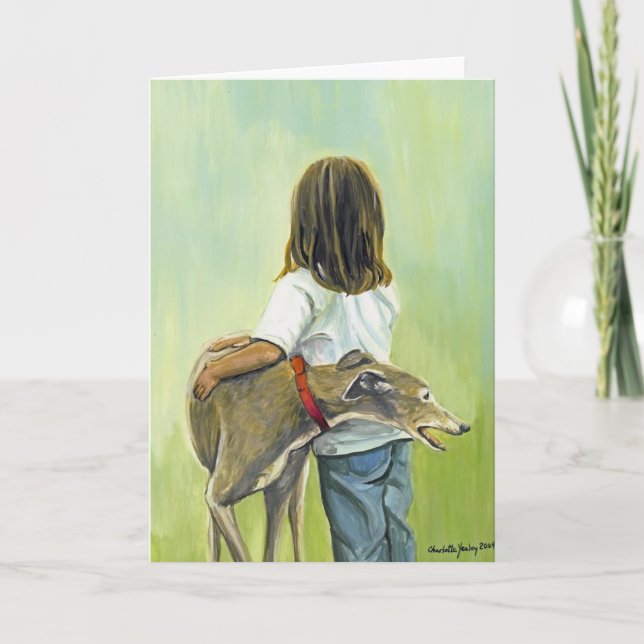 "Girl with Greyhound" Dog Art Greeting Card (Front)