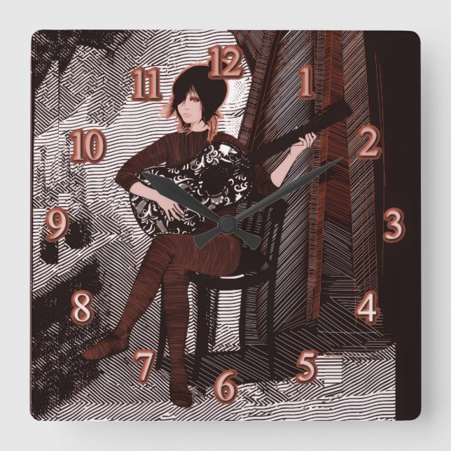 Girl with guitar square wall clock (Front)
