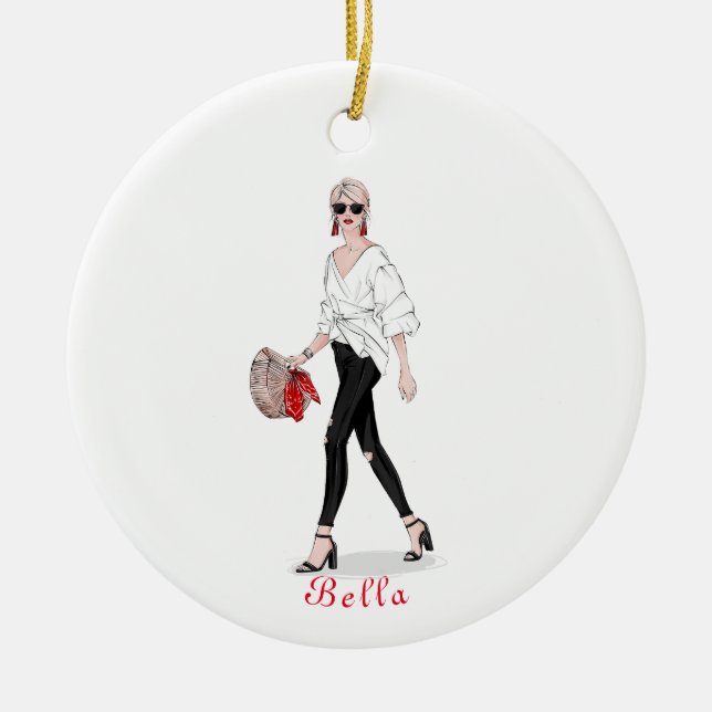 Girl with Hat Paris Fashion Personalised Custom Ceramic Tree Decoration (Front)
