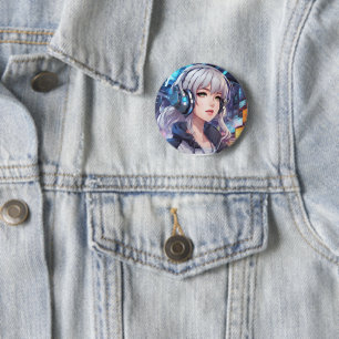 Girl with headphones 6 cm round badge