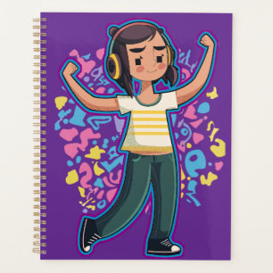 Girl with headphones flexing confident and relax planner