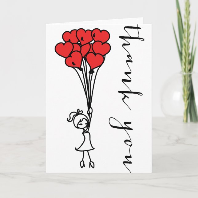 Girl with Heart Balloons Doodles Thank You Card (Front)