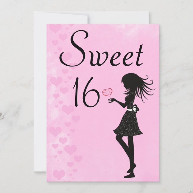 Girl with Hearts Pink Sweet 16 Birthday Invitation (Front)
