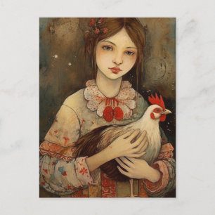 Girl with Her Pet Chicken Ai Art Postcard
