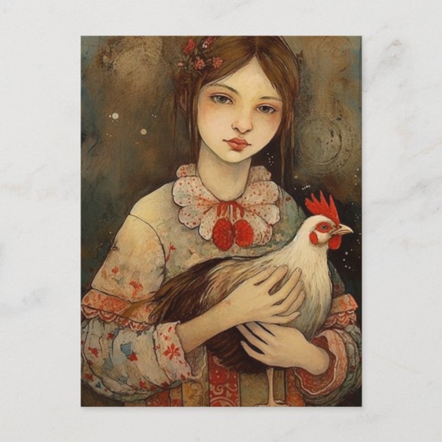 Girl with Her Pet Chicken Ai Art Postcard (Front)