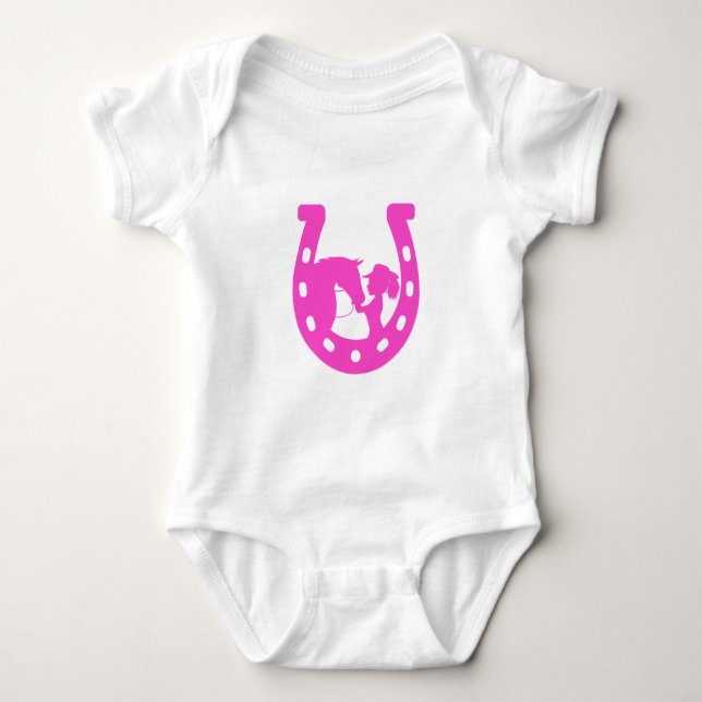 Girl with Horse and Western Hat Hot Pink Horseshoe Baby Bodysuit (Front)