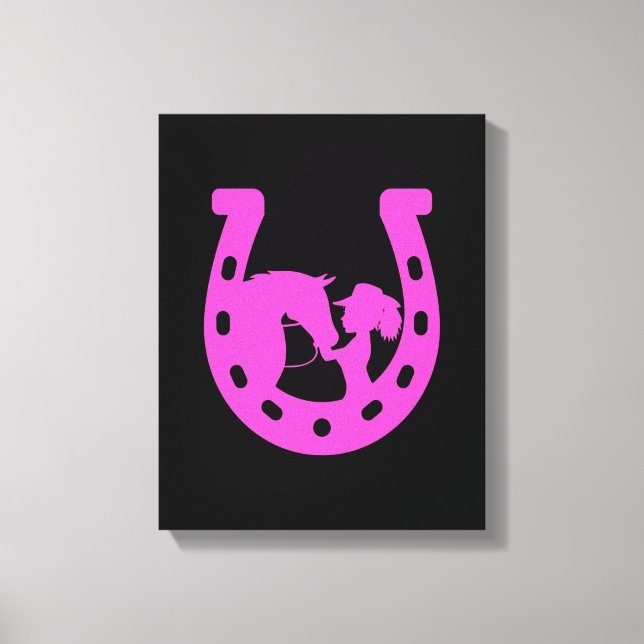 Girl with Horse and Western Hat Hot Pink Horseshoe Canvas Print (Front)