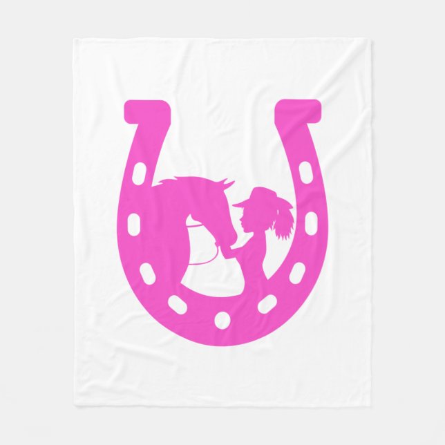 Girl with Horse and Western Hat Hot Pink Horseshoe Fleece Blanket (Front)