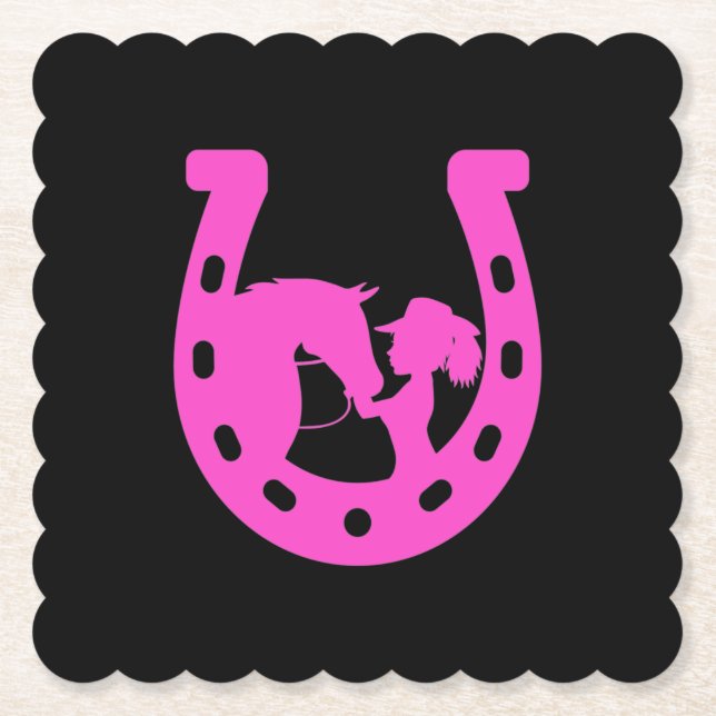 Girl with Horse and Western Hat Hot Pink Horseshoe Paper Coaster (Front)