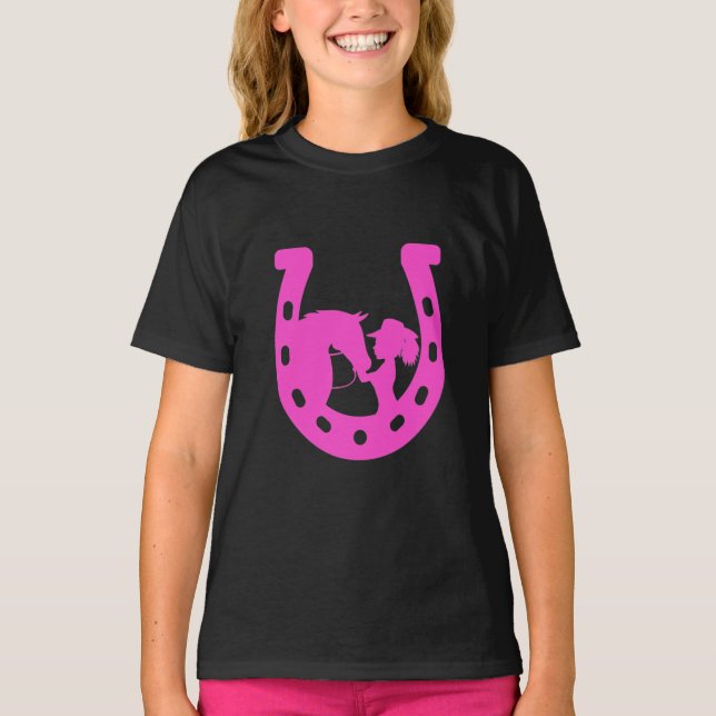 Girl with Horse and Western Hat Hot Pink Horseshoe T-Shirt (Front)