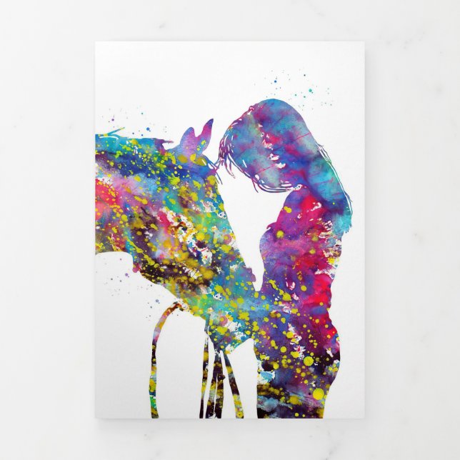 Girl With Horse Colourful Tri-Fold Holiday Card (Cover)