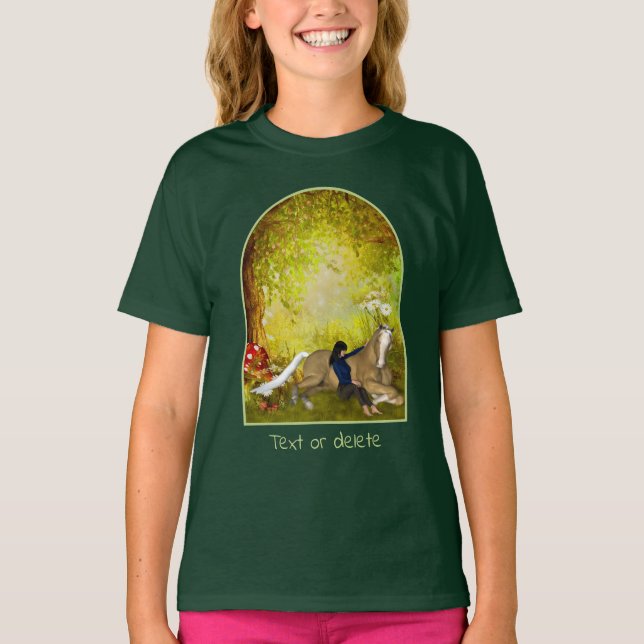 Girl With Horse Flowers Fantasy Art Personalized T-Shirt (Front)