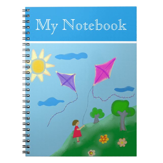 Girl with Kites Flowers Sun Drawing Spiral Notebook (Front)