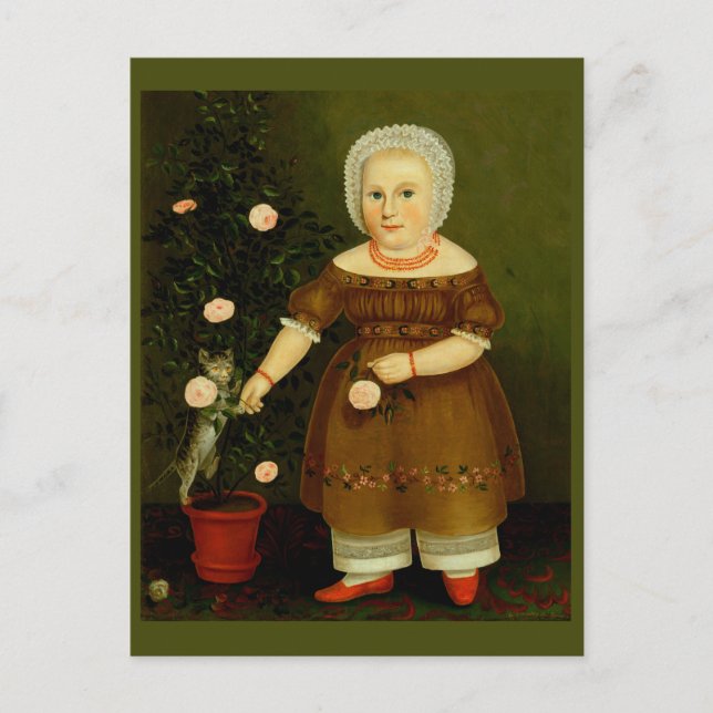 Girl with Kitten American Victorian Folk Art Roses Postcard (Front)