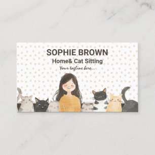 Girl with Kittens Watercolor Cat and Home Sitting Business Card
