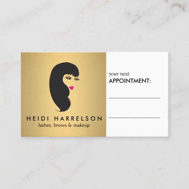 Girl with Lashes on Faux Gold Appointment Card (Front)