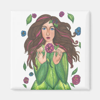 Girl with Magic Flowers - 2 Inch Square Magnet